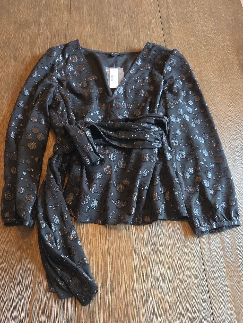 NWT J. Crew Black V-Neck Long Sleeve Wrap Top with Metallic Dot Accents Sz M